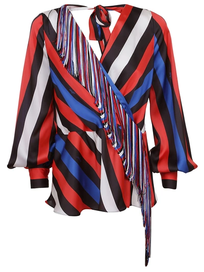 Msgm Fringed-trim Striped-satin Blouse In Multicolor