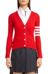 Thom Browne Classic V-neck Cardigan In White 4-bar Stripe In Cashmere In Red