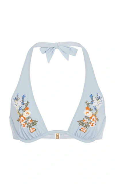 Stella Mccartney Floral-embroidered Halterneck Bikini Top In Blue