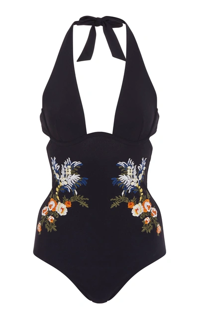 Stella Mccartney Floral-embroidered Swimsuit In Navy