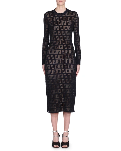 Fendi Long-sleeve Logo Jacquard Bodycon Dress In Black