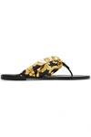 VERSACE PRINTED SILK-TWILL AND LEATHER SANDALS