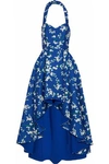 ALICE AND OLIVIA FLARED PLEATED FLORAL-JACQUARD HALTERNECK GOWN,3074457345619047691