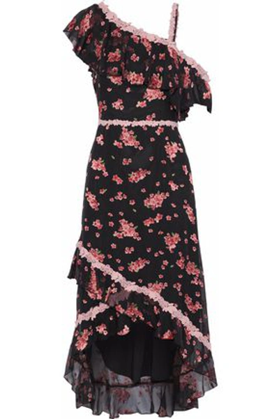 Alice And Olivia Alice + Olivia Woman Guipure Lace-trimmed Floral-print Silk-blend Chiffon Dress Black In Black Multi