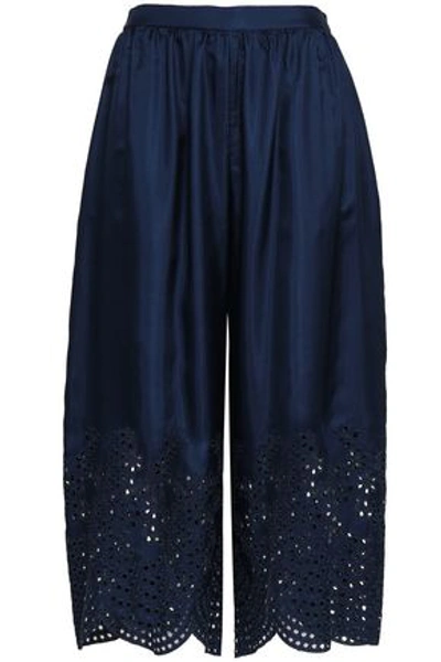 Alice And Olivia Woman Cropped Embroidered Silk-twill Wide-leg Trousers Indigo