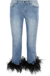 ALICE AND OLIVIA ALICE + OLIVIA WOMAN TASHA CONVERTIBLE FEATHER-TRIMMED LOW-RISE STRAIGHT-LEG JEANS LIGHT DENIM,3074457345619161217