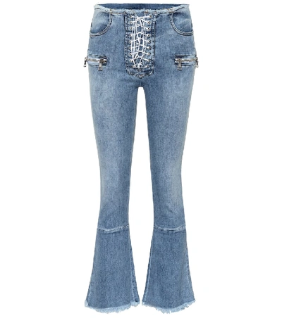 Ben Taverniti Unravel Project Unravel Project Mid Rise Lace-up Cropped Kick Flare Jeans In Blue