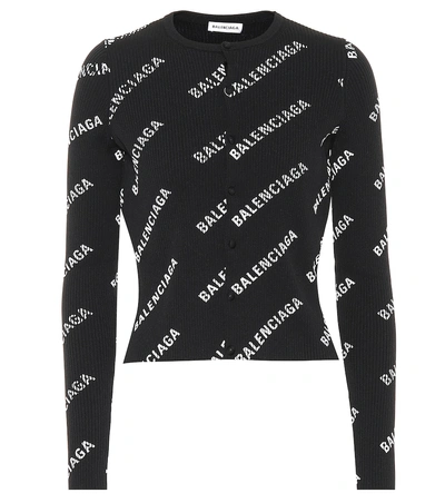 Balenciaga Logo Print Ribbed Knitted Cardigan In 1070 - Black