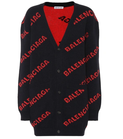 Balenciaga Logo Jacquard Wool Blend Cardigan In Blue