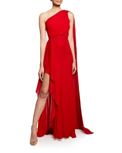 Elie Saab Long One-shoulder Silk Crepe Dress In Red