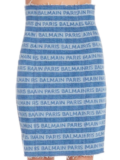 Balmain Logo Zip-front Denim Skirt In Blue