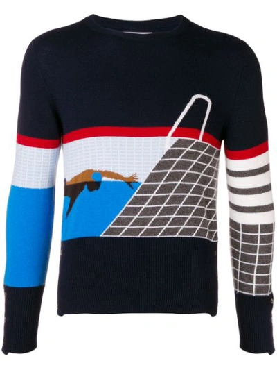 Thom Browne Pool Side Intarsia Knit Cashmere Sweater In Blue