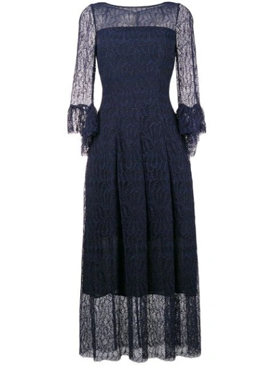 Talbot Runhof Allium Lace Bell Sleeve Tea Length Dress In Blue