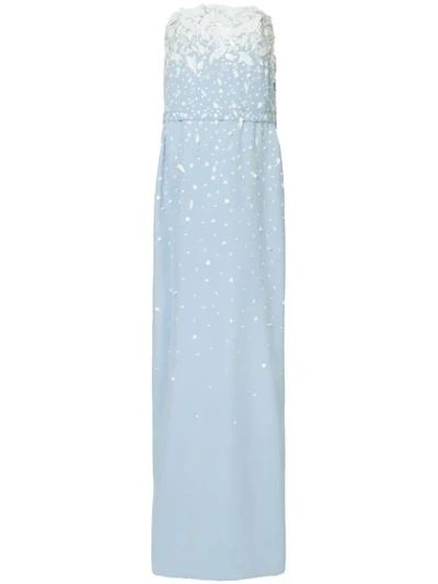 Oscar De La Renta Strapless Embroidered Silk Georgette Evening Gown W/ Cape, Light Blue In Wedgewood