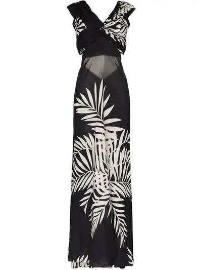 Johanna Ortiz Palm Print Silk Off The Shoulder Maxi Dress In Black