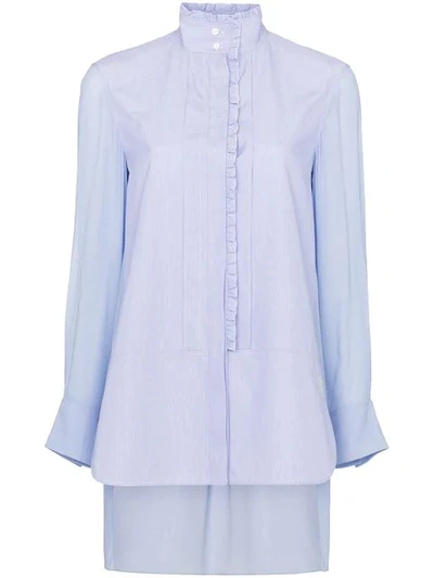 Chloé Stand-collar Ruffled Long-sleeve Mixed-media Shirt In Blue