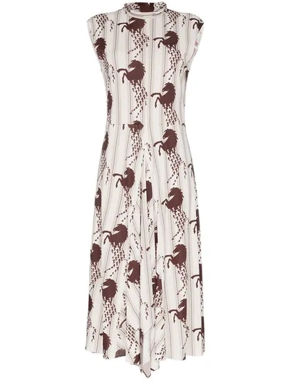 Chloé Little Horses-print Panelled Cady Midi Dress In 9ou White Brown