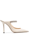 Jimmy Choo Linen White Bing 100 Crystal Anklet Patent Leather Mules
