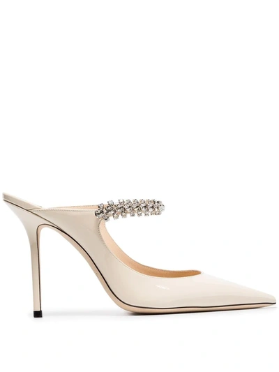 Jimmy Choo Linen White Bing 100 Crystal Anklet Patent Leather Mules