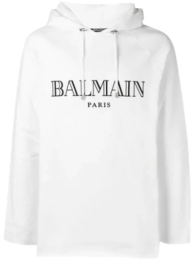 Balmain Flocked Cotton Jersey Sweatshirt Hoodie In White