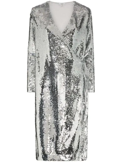 Ganni Sonora Sequin Wrap Dress In Silver