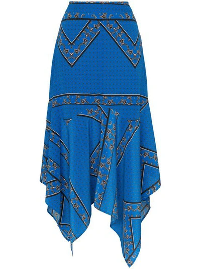 Ganni Cloverdale Silk Printed Asymmetric Midi Skirt In Blue