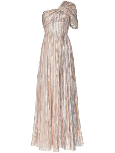 Peter Pilotto One-shoulder Gathered Metallic Striped Chiffon Gown In Silver