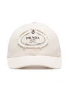 PRADA PRADA WHITE AND BLACK LOGO PRINT APPLIQUE COTTON CAP
