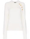 BALMAIN LONG-SLEEVED KNITTED CASHMERE GOLD BUTTON SWEATER