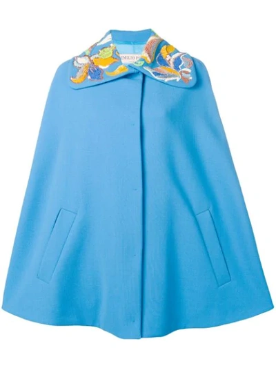 Emilio Pucci Floral Embroidered Blue Wool Cape