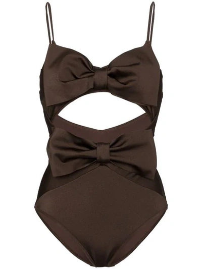 Zimmermann 'corsage' Bow Front Cutout One-piece Swimsuit In Brown