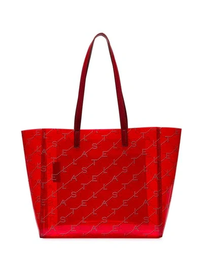 Stella Mccartney Red Logo Embellished Transparent Pvc Tote Bag