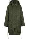 BURBERRY BURBERRY QUILTED HOODED OVERSIZED POCKET COAT - GREEN