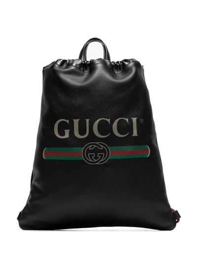 Gucci Logo Print Leather Drawstring Backpack In Black