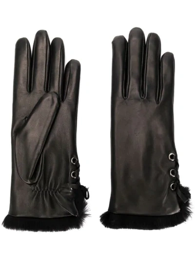 Agnelle Side Tie Genuine Rabbit Fur Lined Lambskin Leather Gloves In Black