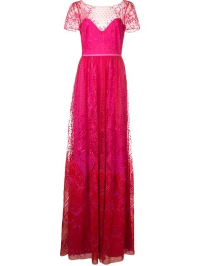 Marchesa Notte Short Sleeve Chiffon And Lace Evening Gown In Pink