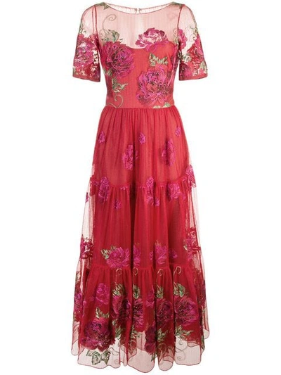 Marchesa Notte Floral-embroidered Midi Dress In Red