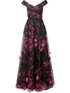 MARCHESA NOTTE MARCHESA NOTTE CHECK FLORAL PRINT BARDOT GOWN - BLACK