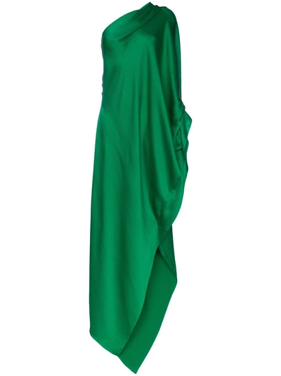 Roland Mouret Ritts Asymmetric Draped Hammered Silk-blend Satin Gown In Green