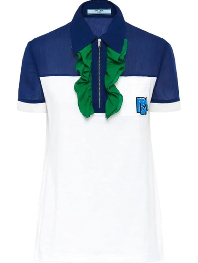 Prada Ruffled-detail Polo Shirt In White,blue,green