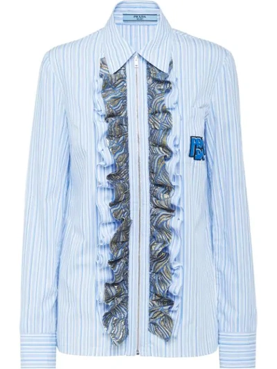 Prada Striped Ruffled Shirt In Blue