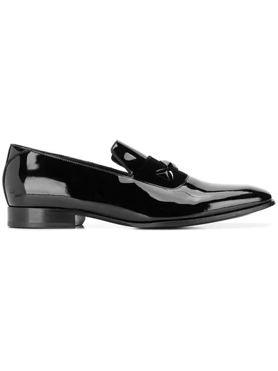 Jimmy Choo Sawn Black Patent Slipper Shoes With Black Velvet Ribbon Detail And Crystal Stone Detailing