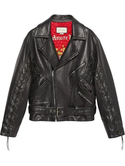 Gucci Oversized Hand-painted Soft-leather Biker Jacket In Black