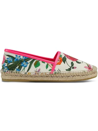 Gucci Leather-trimmed Floral-print Canvas Espadrilles In White