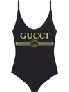 GUCCI GUCCI 亮面GUCCI LOGO印花连体泳衣 - 黑色