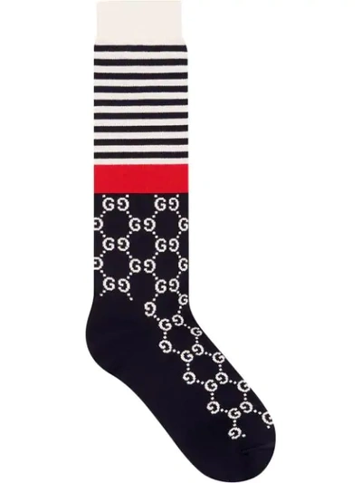Gucci Navy And White Logo Intarsia Cotton Blend Socks In Blue