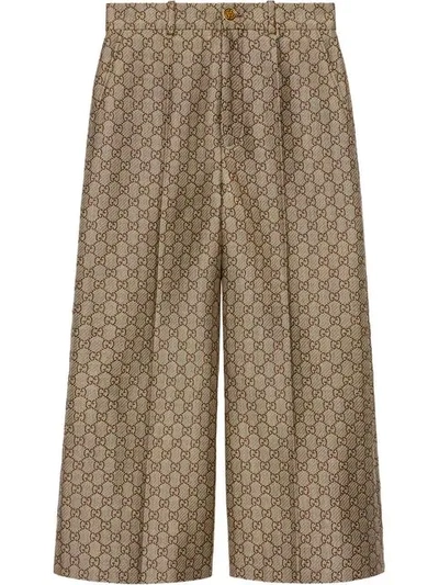 Gucci Gg Jacquard Wide Leg Cotton Wool Blend Trousers - 棕色 In Neutrals