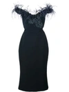 MARCHESA FEATHER TRIM FITTED DRESS