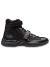 PRADA LEATHER AND FABRIC HIGH-TOP SNEAKERS