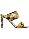 VERSACE BLACK WHITE AND GOLD 95 BAROQUE TRIBUTE MULES